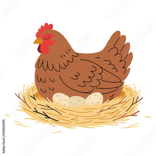 Hen Sitting on Nest with Eggs. Flat Vector Illustration
