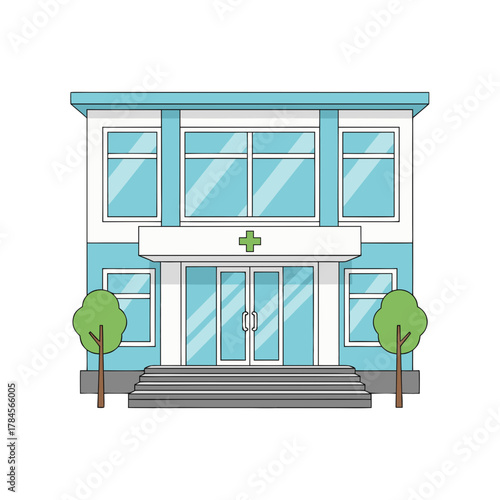 Modern General Hospital Building With Blue Accents And Green Cross Emblem Features Large Glass Windows And Two Trees On Either Side Under Bright Daylight