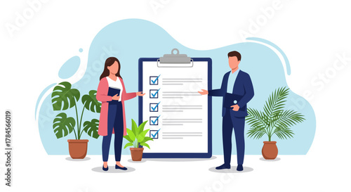 Business Team Reviewing Checklist Together in Modern Workspace