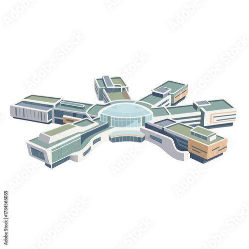 Modern Hospital Building Architecture Vector Graphic Clean Blue and White Flat Illustration Style Featuring a Central Dome and Radiating Wings with Solar Panels on the Roof