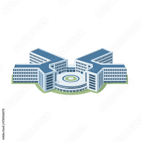 Modern Hospital Building Exterior With Blue Tinted Windows And Clean White Walls Detailed In A Flat 2D Design Architectural Style