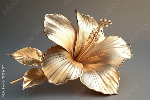 Shiny golden metallic hibiscus placed on soft gradient background. Detailed petal textures and reflective surfaces create artistic effect. Neural network AI generated