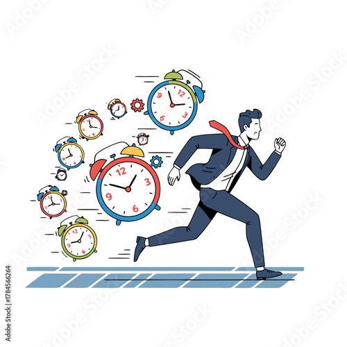 Man in a dark suit and red tie runs with multiple alarm clocks chasing him illustration on a black background