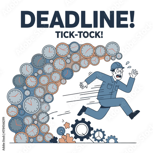 Man in Blue Overalls Running From A Swirl of Clocks and Gears Illustrating Deadline Pressure And Time Management Challenges In Business