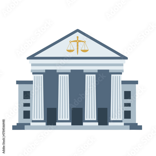Minimalist Vector Illustration of a Courthouse Building with Legal Scales Symbol Above the Entrance in Pastel Tones