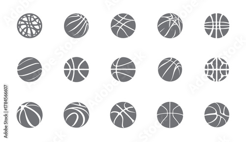 Set of gray stylized basketball illustrations and graphic design elements concept