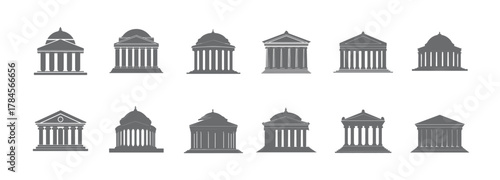 A collection of simplified architectural illustrations featuring various temple designs