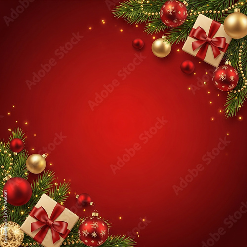 Festive christmas border frame with ornaments and gifts on red background