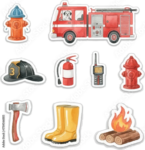 Watercolor Firefighter and Fire Safety Equipment