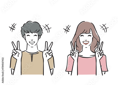 ダブルピースを出す爽やかな30代男女