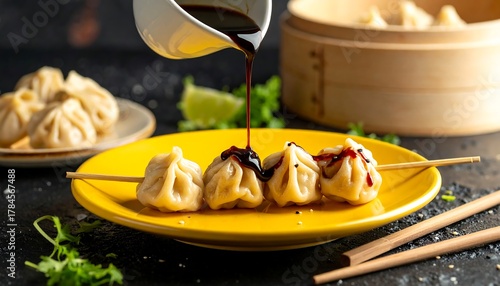 Steamed dumplings on a bright yellow plate drizzled with dark sauce, served with lime and a bamboo steamer backdrop
