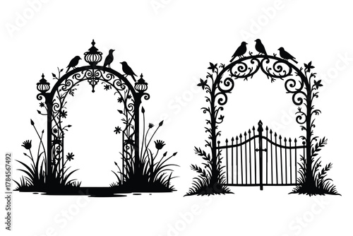 Black silhouette garden archway with birds and gate