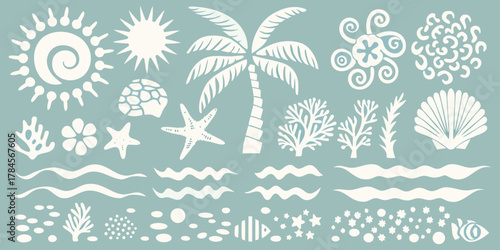 Collection of white tropical beach and ocean elements on a light blue background