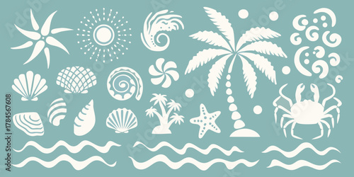 Collection of white tropical beach elements including shells palm trees starfish crab and waves on a blue background