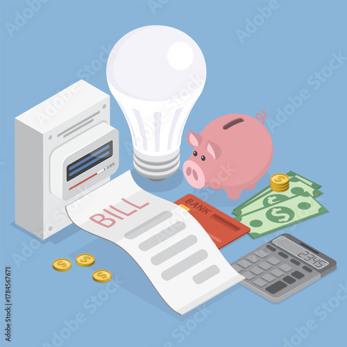 Energy bills. Concept of invoice and electricity meter. Electricity bills, check for payment. 3d flat isometric vector illustration.