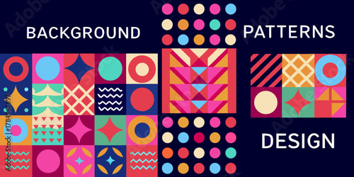 Abstract geometric patterns and shapes in vibrant colors on dark blue background
