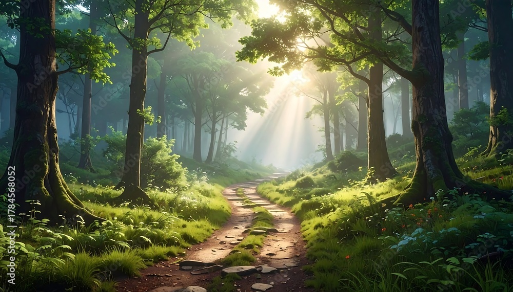 Fototapeta premium Sunlit forest path, verdant undergrowth, and towering trees evoke a sense of tranquility and natural beauty