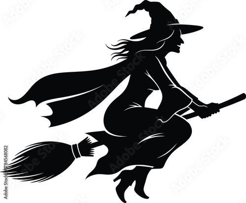 Halloween witch flying on broom silhouette vector illustration art eps