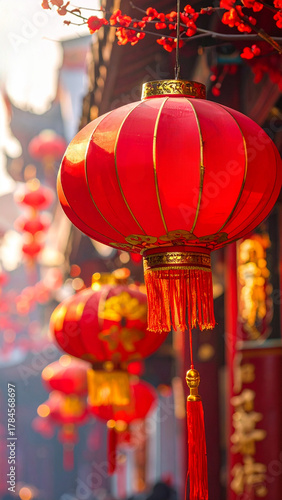 Close-up of traditional Chinese red lantern hanging at sunset or sunrise. Symbolic illustration of Chinese New Year, Lunar New Year and Asian cultural celebrations.