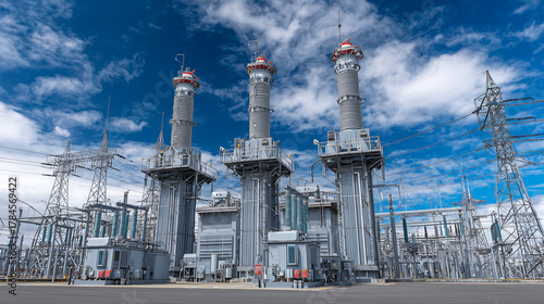 Une centrale électrique avec des transformateurs et des pylônes visibles