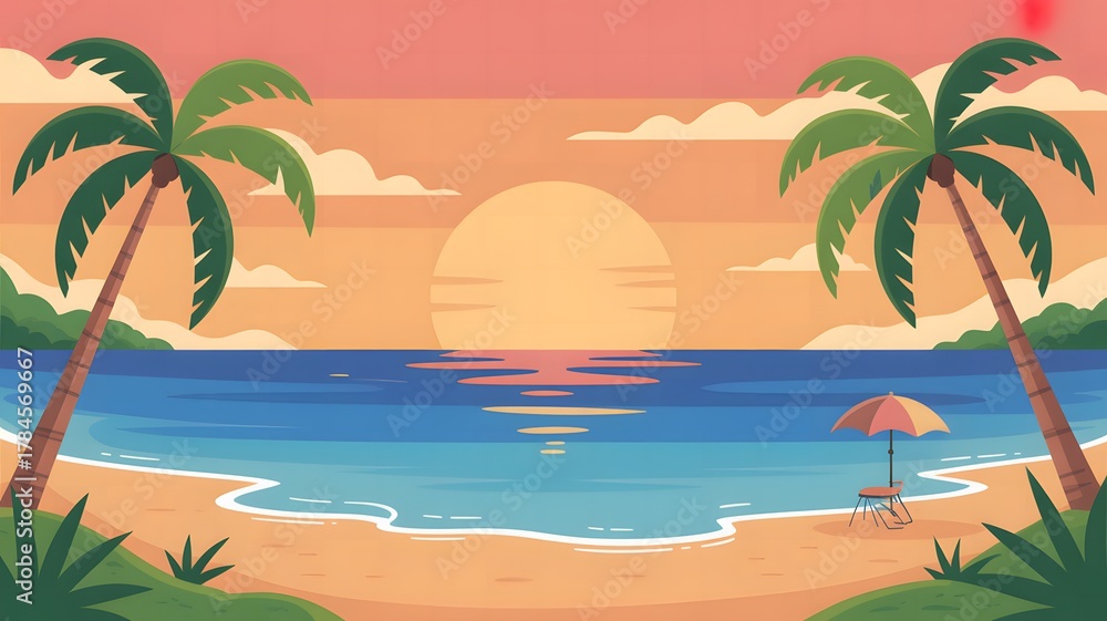 Fototapeta premium Minimalist Tropical Sunset Beach Illustration
