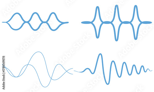 Waveforms, four audio illustrations in light blue, simple and complex peaks, flowing and rhythmic patterns, smooth digital lines, grid layout