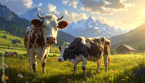 Fototapeta Naklejka Na Ścianę i Meble -  Scenic depiction of cows grazing in a lush alpine meadow under a beautiful sky