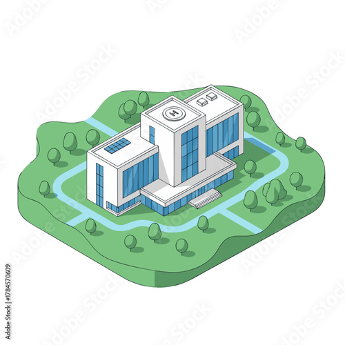 Modern Medical Facility With Clean Window Design and Symmetrical Layout Surrounded by Green Trees and Pathways Under Daylight