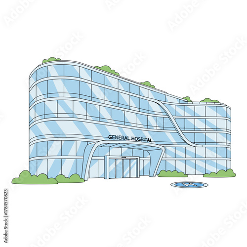 Modern Multi Story Healthcare Building With Rooftop Equipment And Lush Greenery Vector Illustration Flat Rendering Isolated On Black Background