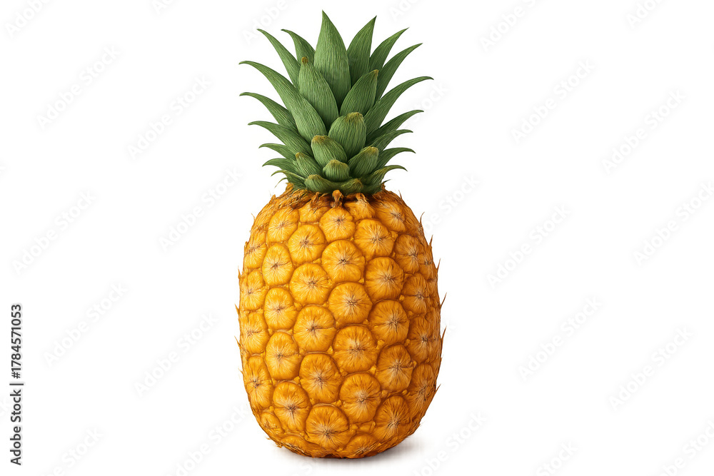 Fototapeta premium Ripe whole pineapple standing upright with green crown, fresh tropical fruit with yellow skin, transparent background