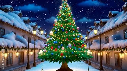 Wallpaper Mural Christmas Town Square: Giant Sparkling Christmas Tree on Snowy Street with Classic Streetlights  Torontodigital.ca