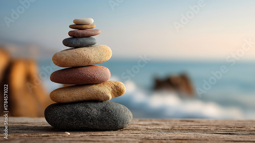 Stones balanced over calm sea illustrating emotional harmony and serene work life balance concept