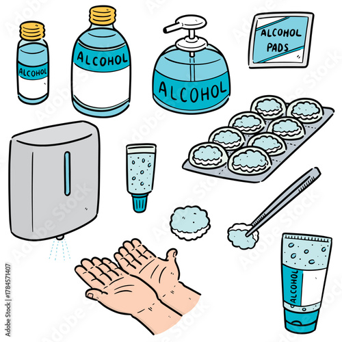 vector set of forceps, alcohol and sterile cotton