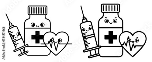 Two sets of cute cartoon medical icons featuring a syringe, medicine bottle, and heart