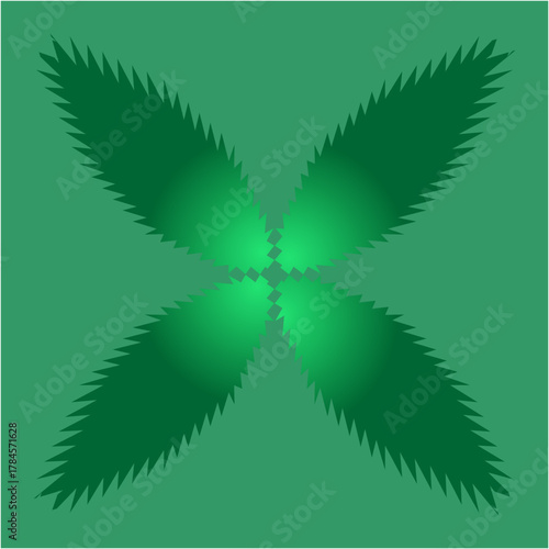 A radiant green abstract form resembling four serrated leaves, glowing with organic energy and balance — symbolizing growth, renewal, and natural symmetry.