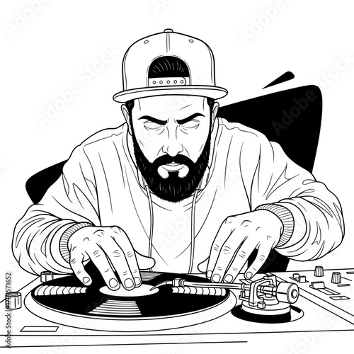 Illustration of a dj playing music on a turntable he is wearing a cap and has a beard