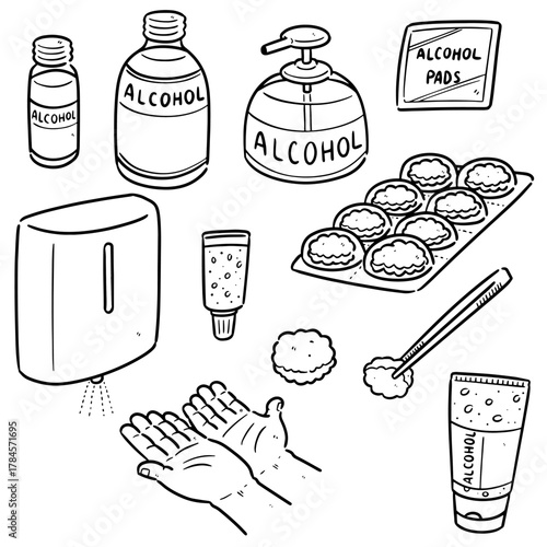 vector set of forceps, alcohol and sterile cotton