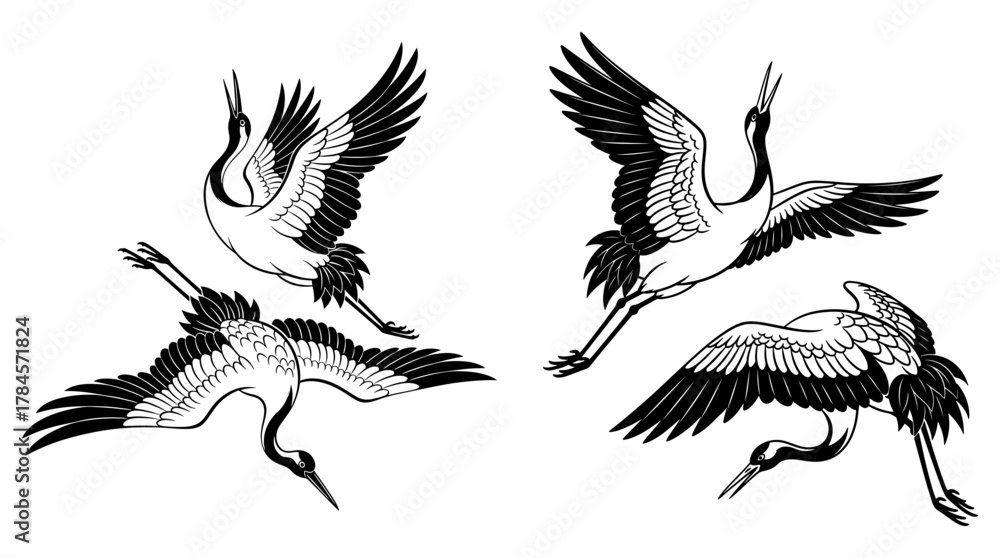 Naklejka premium Elegant line art illustration featuring a flock of graceful cranes in flight