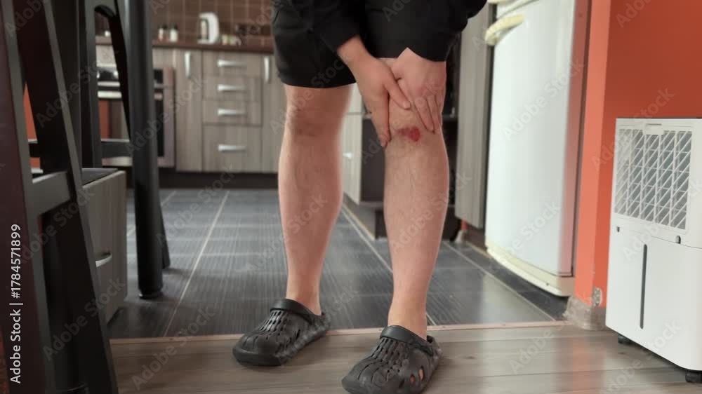 A man stands up after falling, revealing a scraped wound on his knee ...