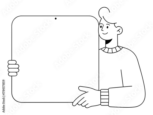 Man holding blank square board, perfect for adding your own message or design, vector illustration