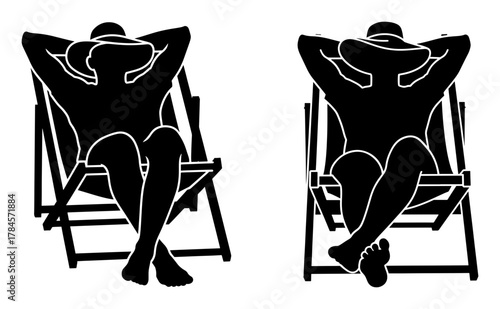 Woman relaxing on beach chair, summer vacation and holiday concept, vector illustration, silhouette