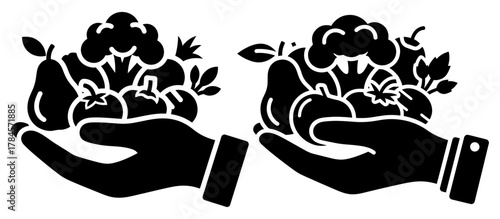 Hand holding fresh fruit and vegetable, healthy eating and organic food concept, vector illustration