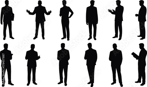 Business figure silhouette set, professional gesture icons, formal attire poses, corporate stance variation, cad drawing flat vector illustration, design