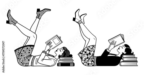 Two women reading books while lying on a stack of books in a vintage style