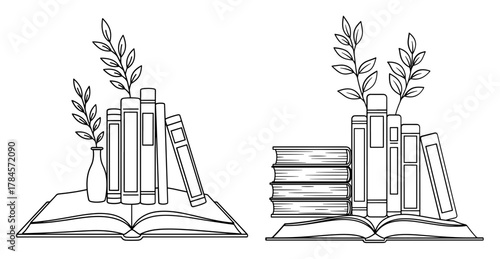 Open book with stacked books and plant in vase, a charming and educational illustration