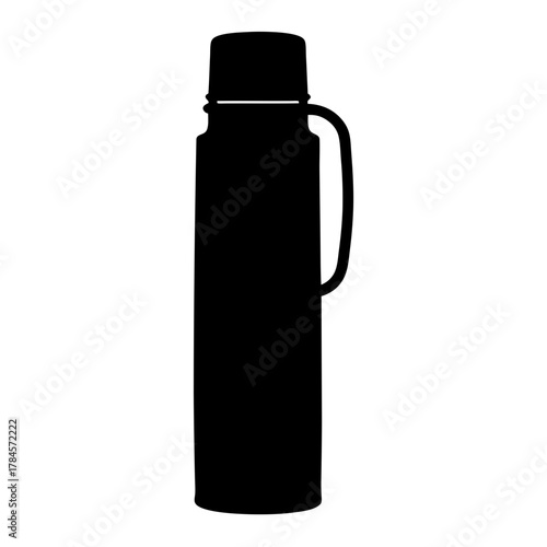 Silhouette of black thermos bottle with handle for hot and cold drinks