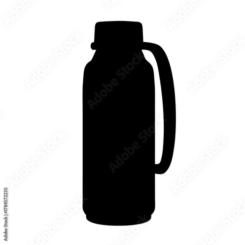 Black Silhouette of a Thermos with Handle on a White Background