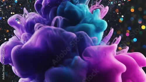 Vivid paint stream. Blur sparkling blend. Color glitter spilling defocused lens. Red dye dissolving in black liquid blur abstract background