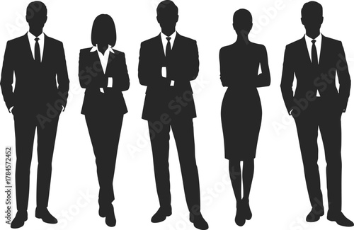 Business professionals silhouette row, formal attire mix, male and female figures, confident posture icons, cad drawing flat vector illustration, design