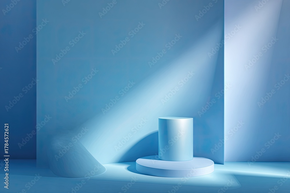 Fototapeta premium Light-drenched, pastel blue studio featuring a cylindrical podium